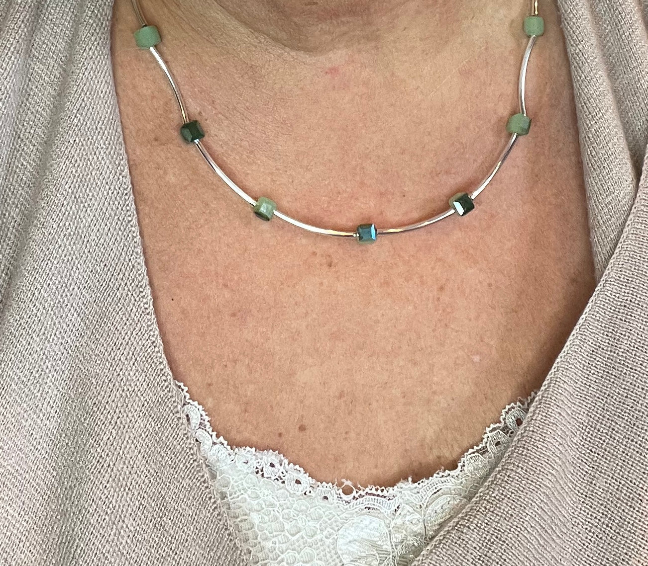 Wire & green bead necklace