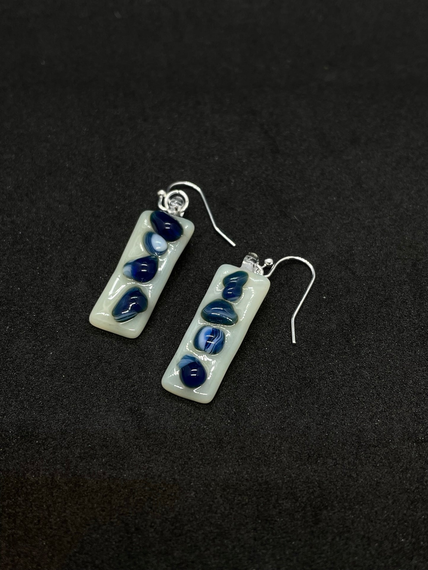 Fused blue on white glass oblong earrings