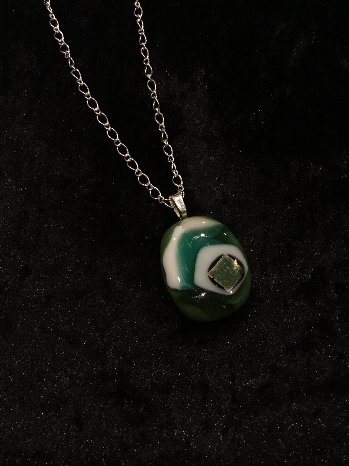 Fused green and white glass necklace