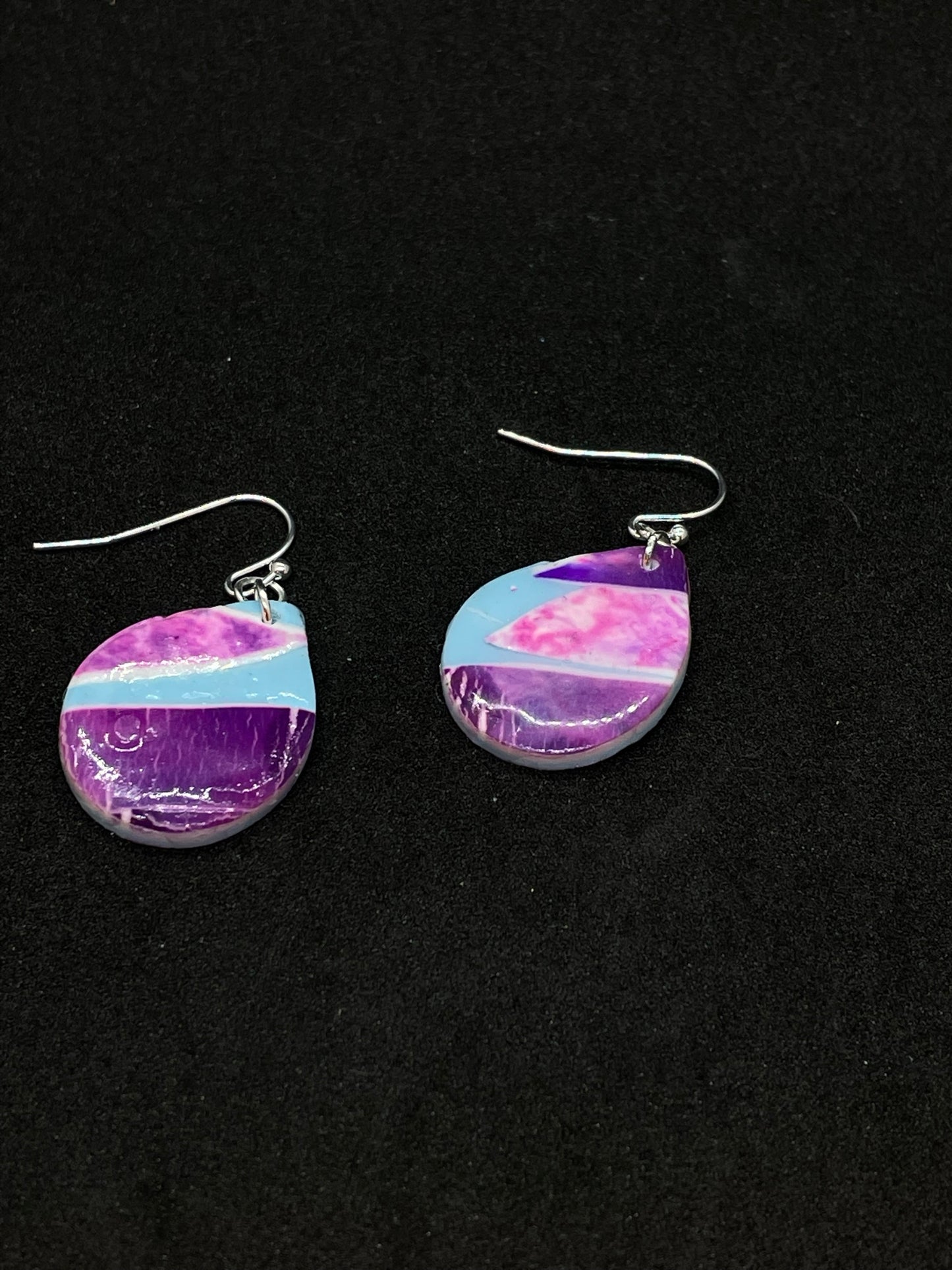 Pink & blue metallic ink teardrop Polymer clay earrings