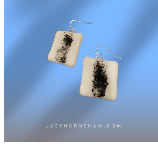Fused white & black glass oblong earrings