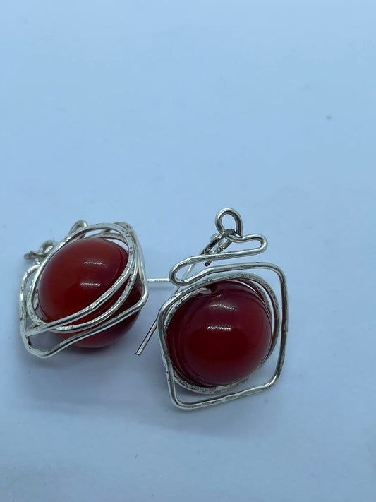 Wire & large red bead earrings