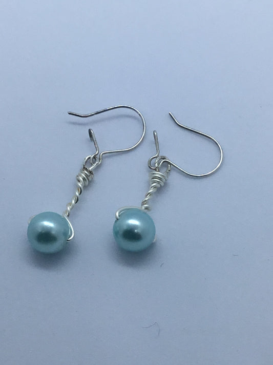 Blue pearl and silver wire earrings