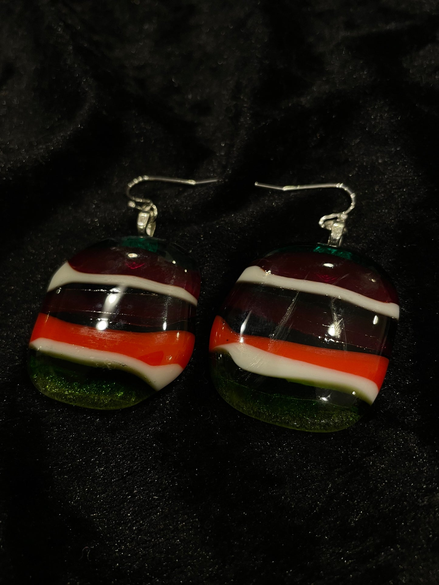 Fused orange, white & red glass oblong earrings