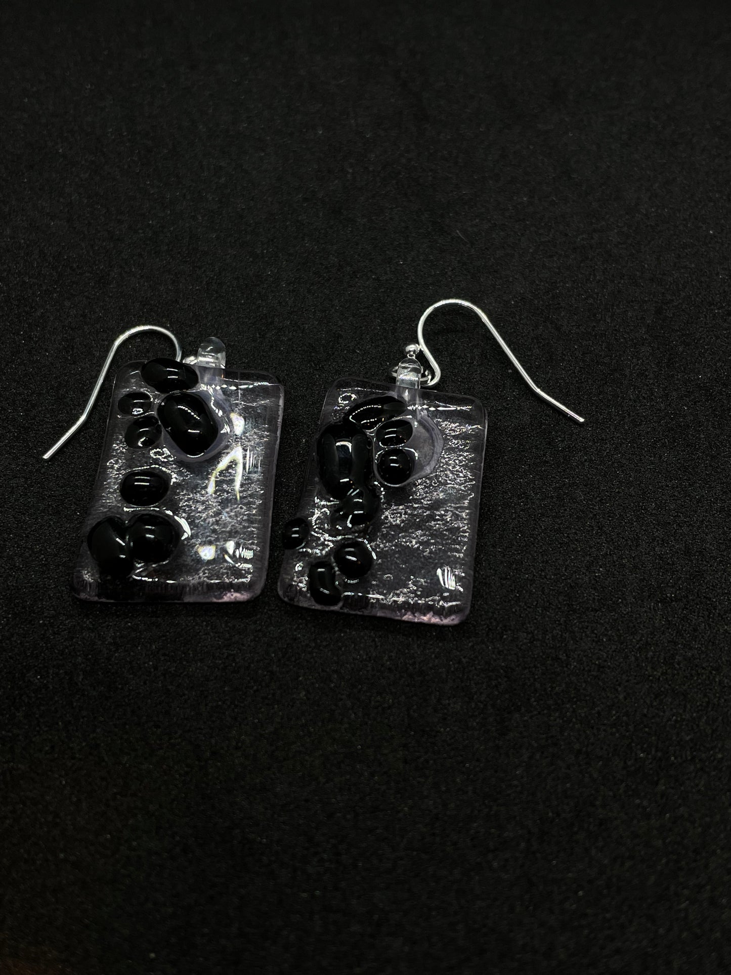 Fused clear & black glass oblong earrings
