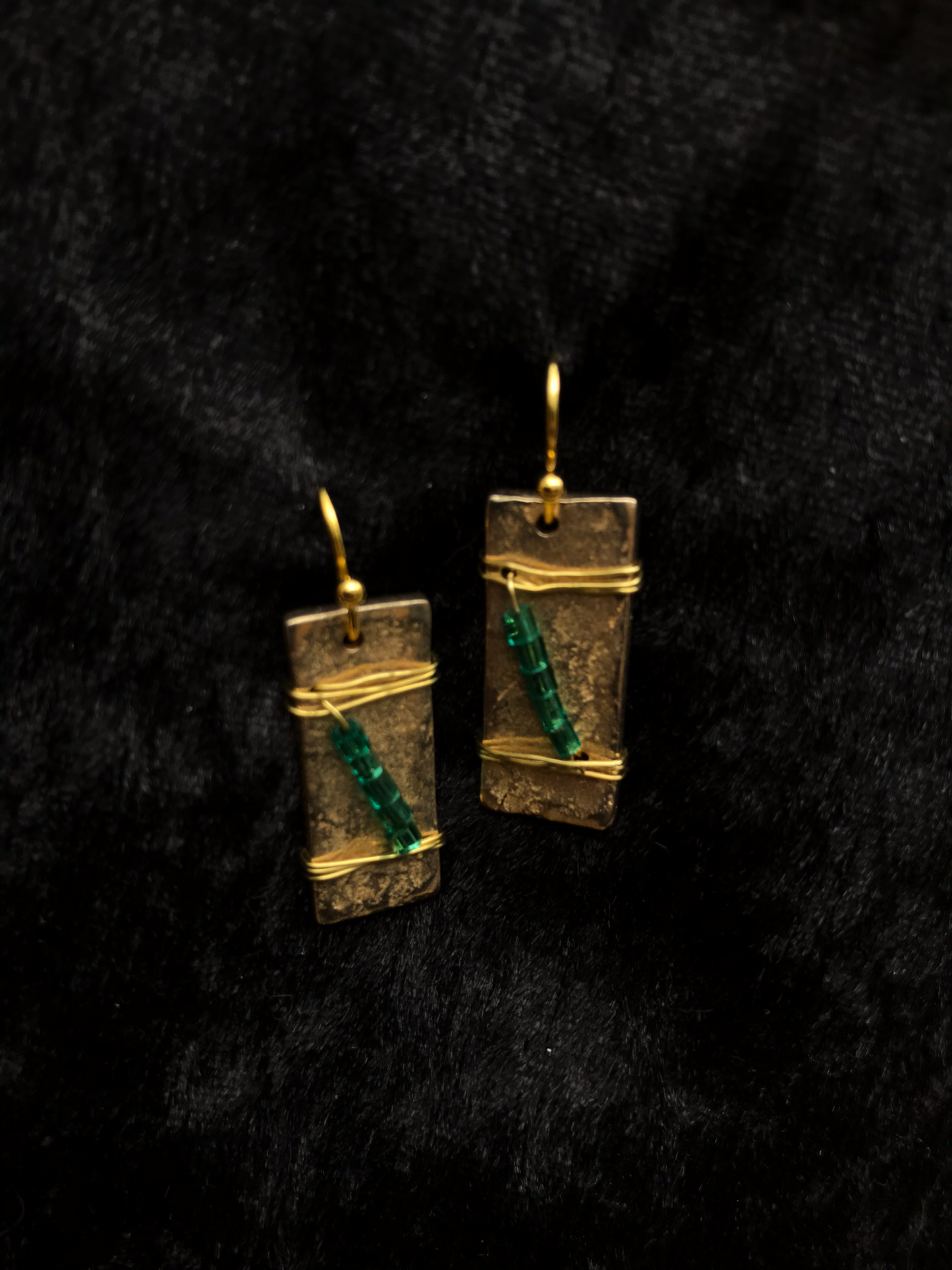 Bronze oblong with green beads earrings
