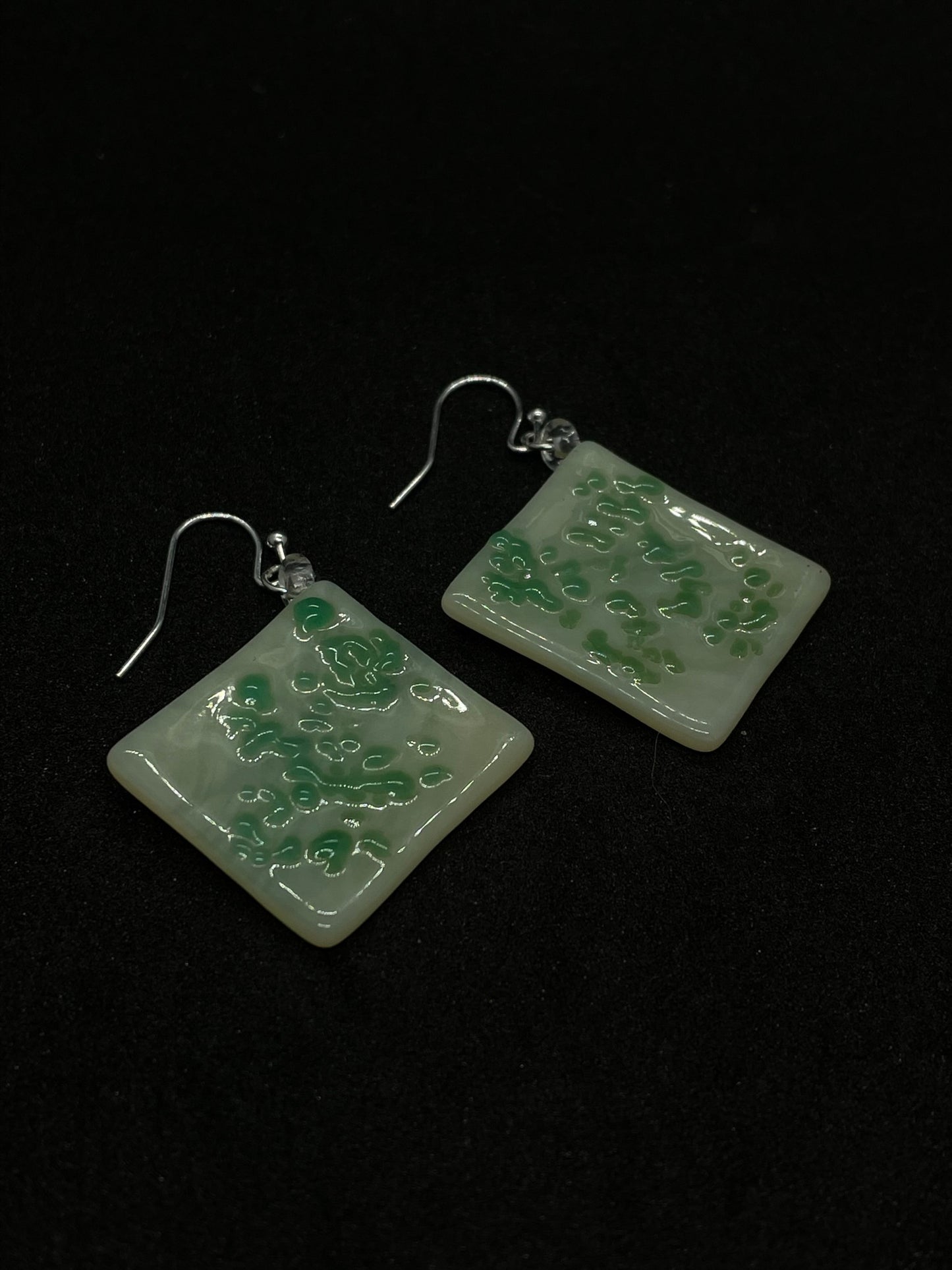 White and green rhombus fused glass earrings. 