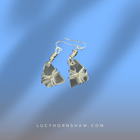White Seaglass earrings with silver wire wrap