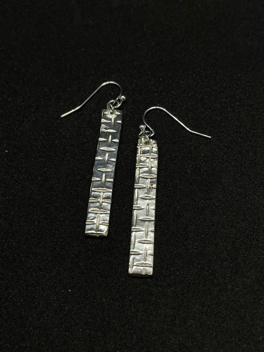 Silver long thin 4cm drop earrings with pattern