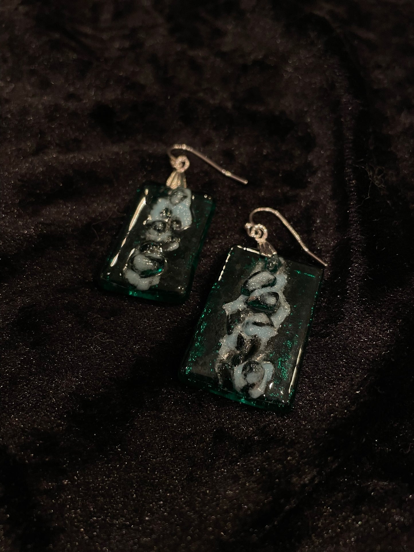 Fused green & white glass oblong earrings