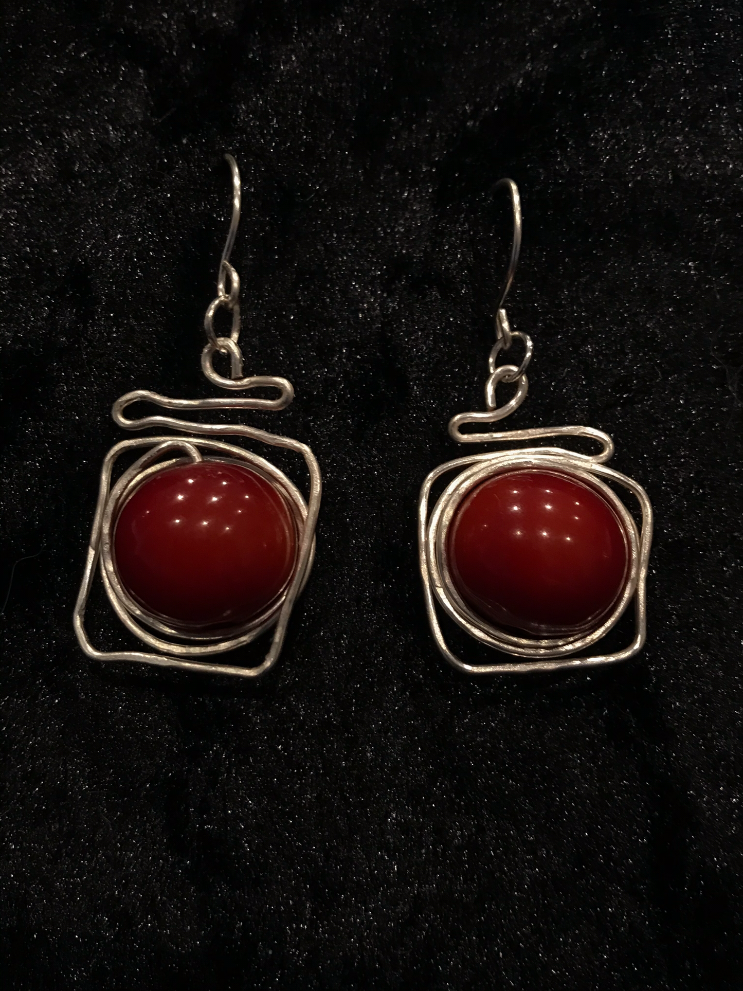 Wire & large red bead earrings