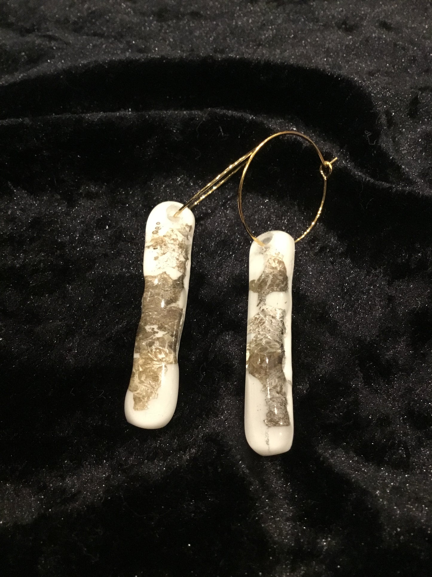 Fused white & copper glass oblong earrings on hoop