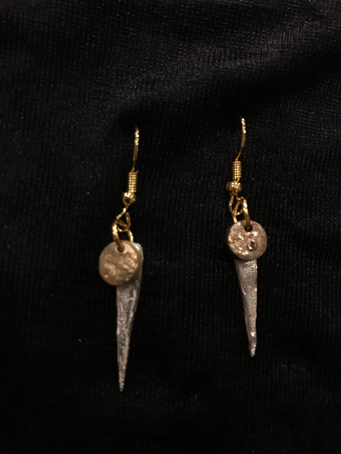 Silver icicle earrings with bronze disc