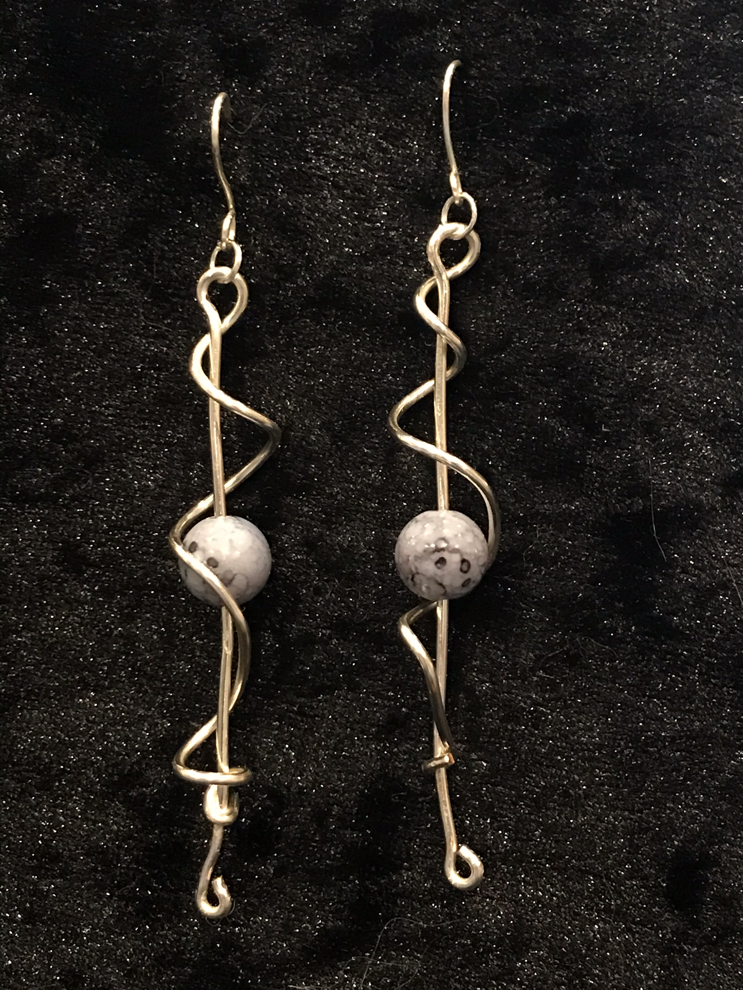 Wire & grey bead earrings with large silver wire twist