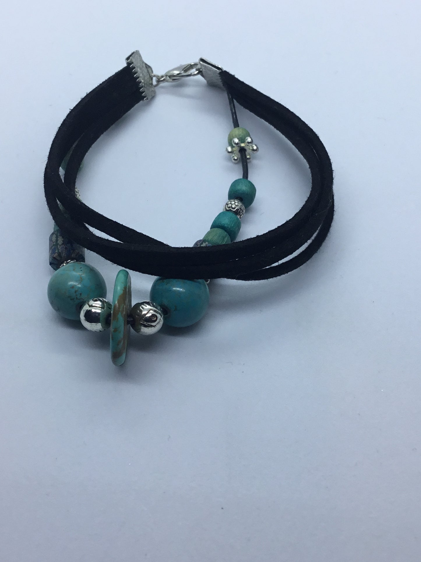 Leather & blue bead bracelet