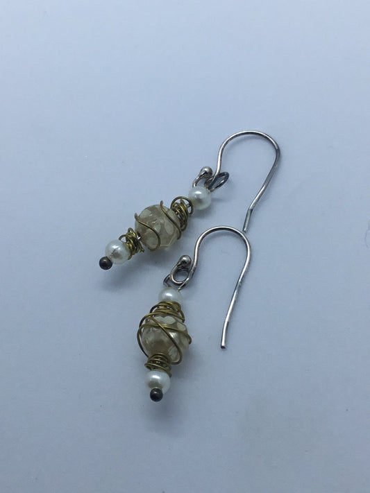 Wire with white & cream bead earrings