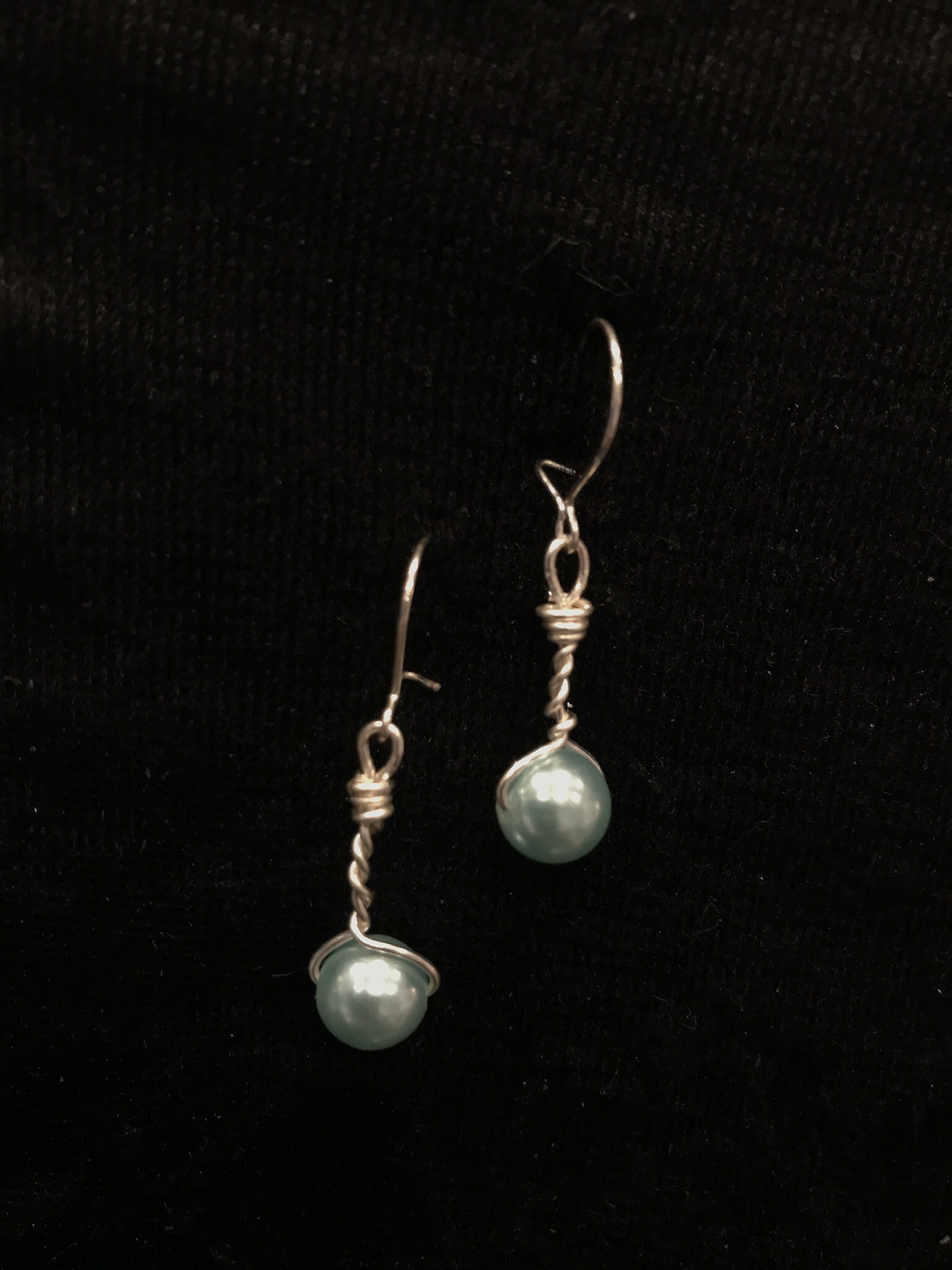 Blue pearl and silver wire earrings