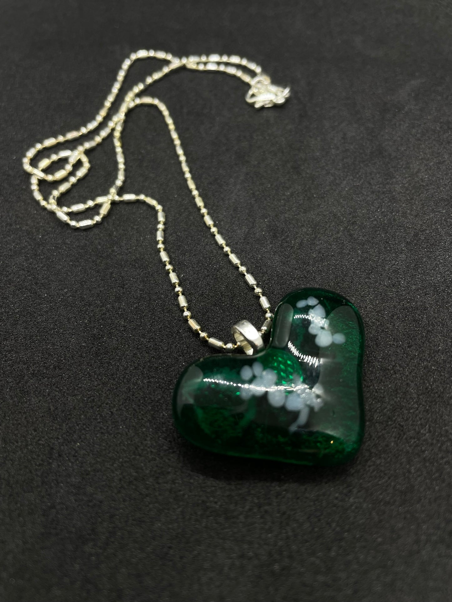 Fused green and white glass heart necklace