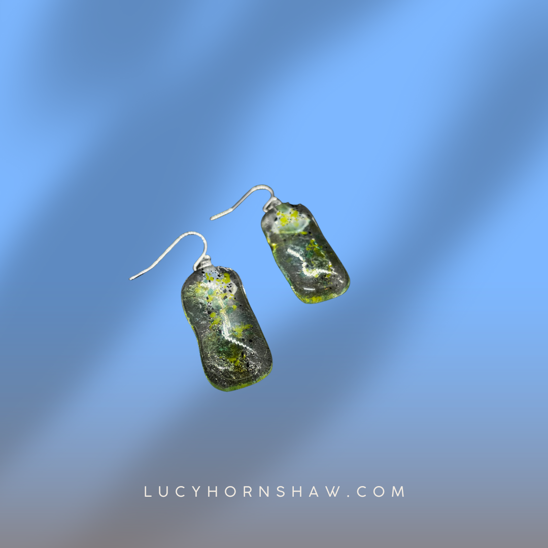 Fused clear and green glass oblong earrings