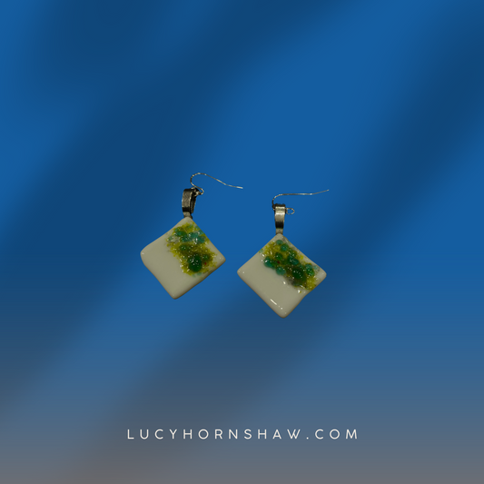 Fused lime green & white glass rhombus earrings