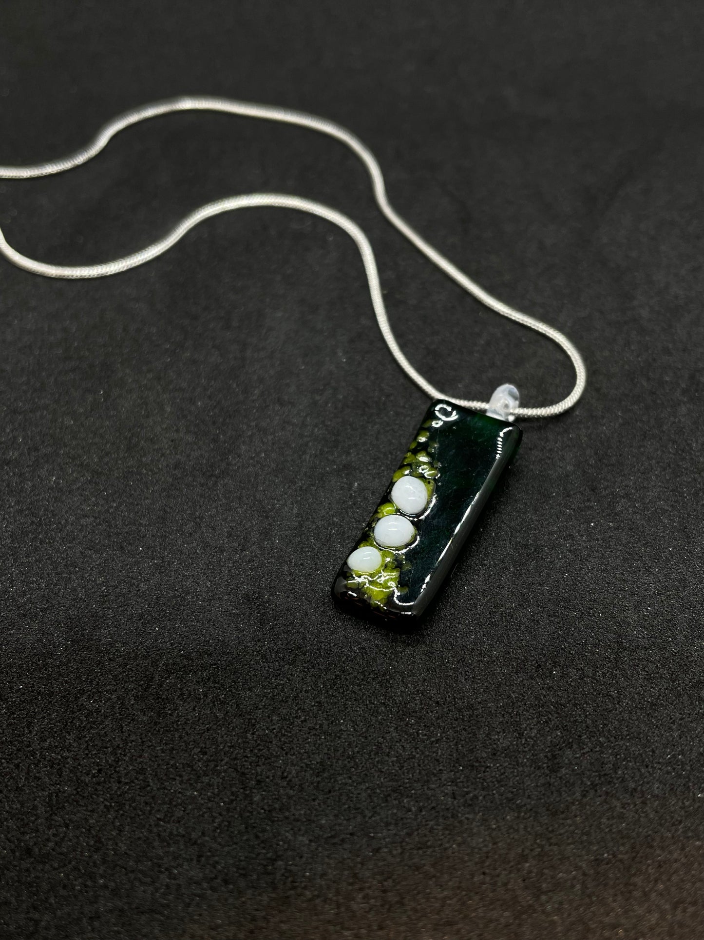 Fused green and white glass oblong necklace