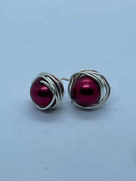 Wire & red pearl stud earrings