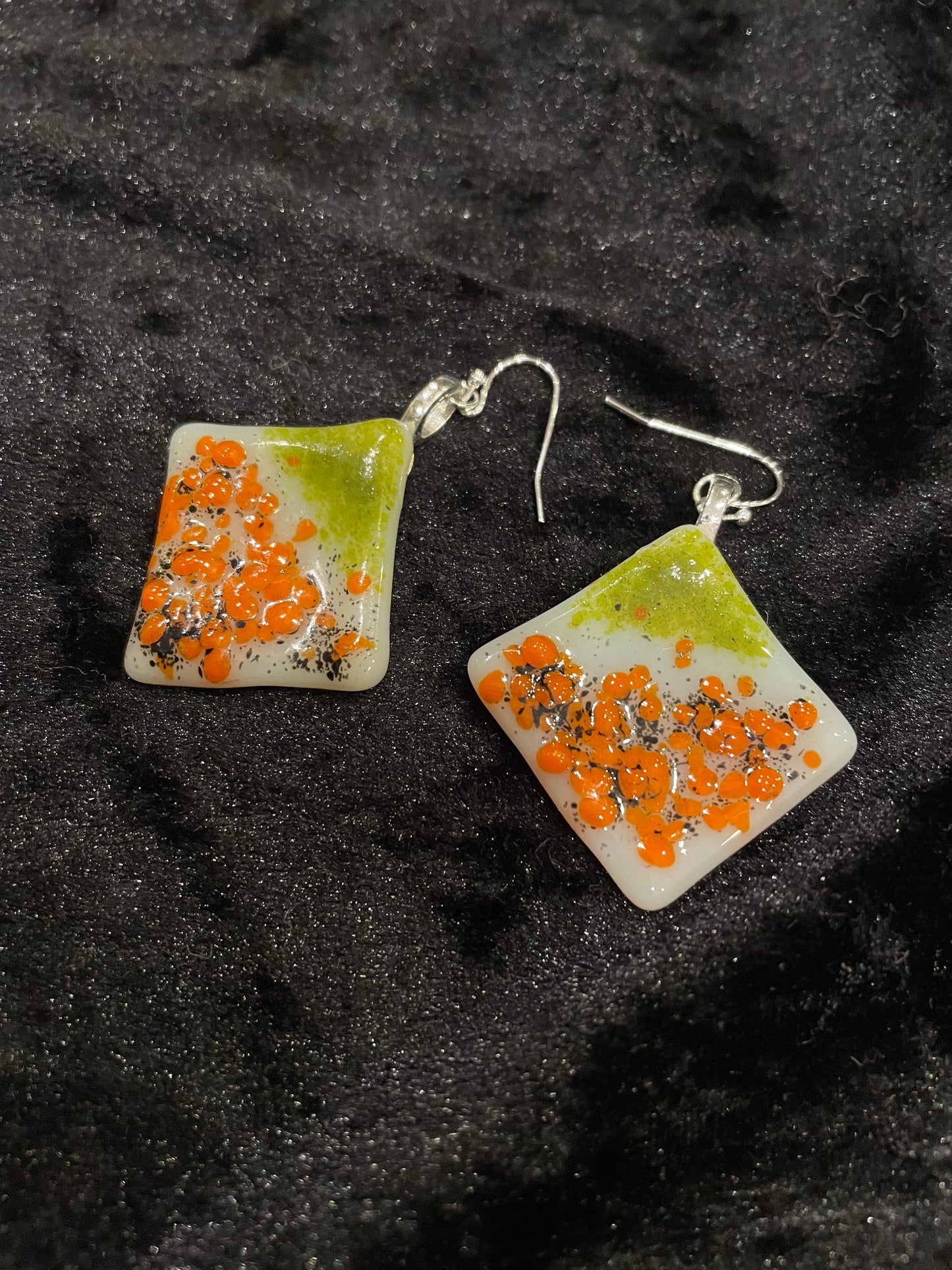 Fused orange, green & white glass rhombus earrings