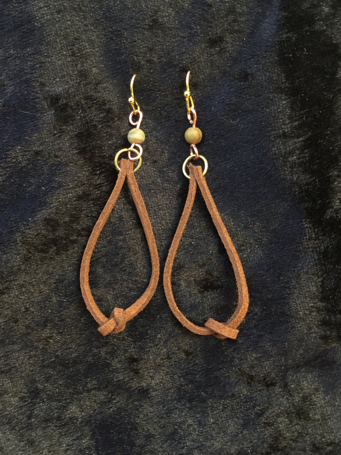 Brown leather cord knot earrings with bead