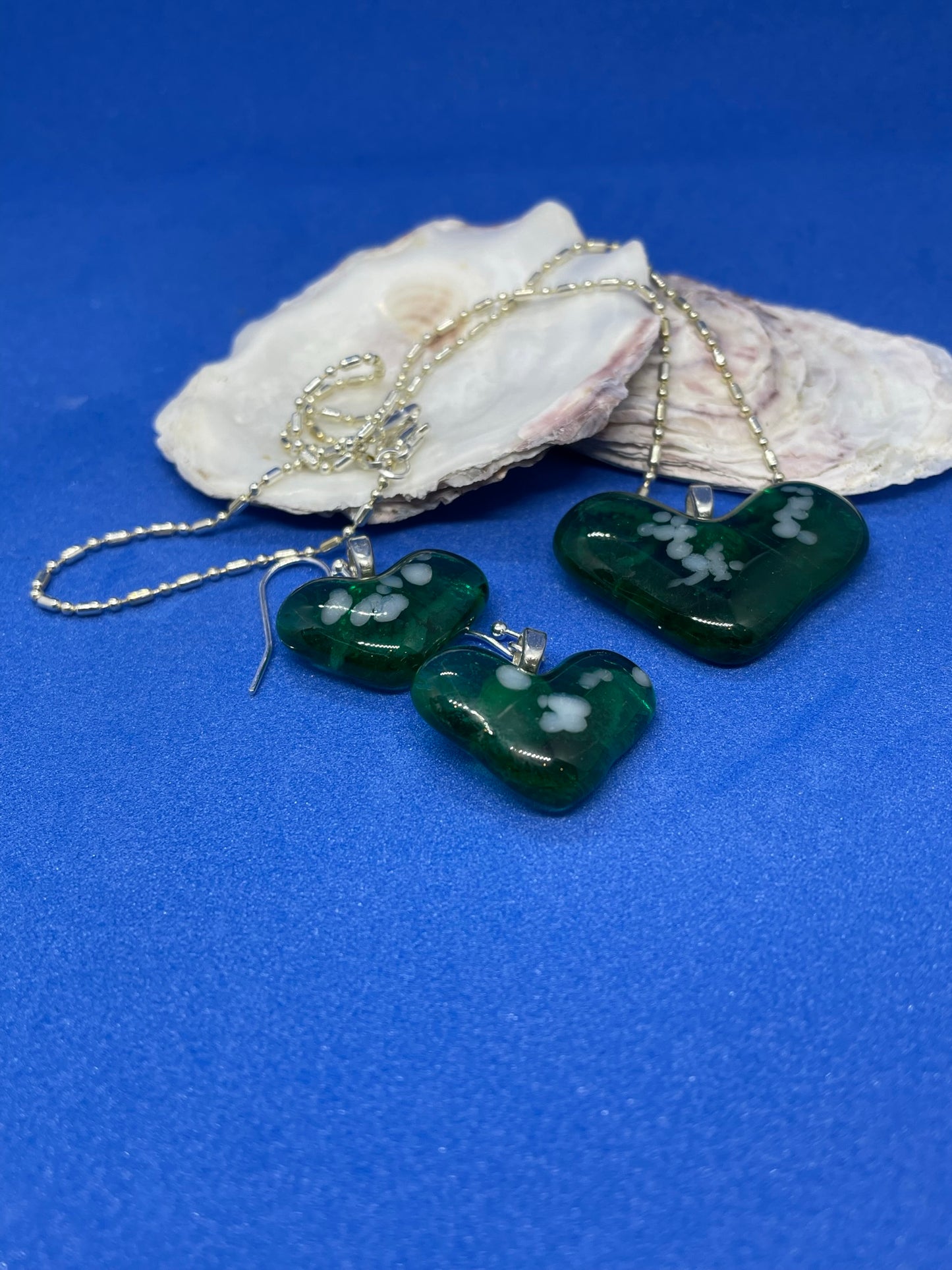 Fused green and white glass heart earrings