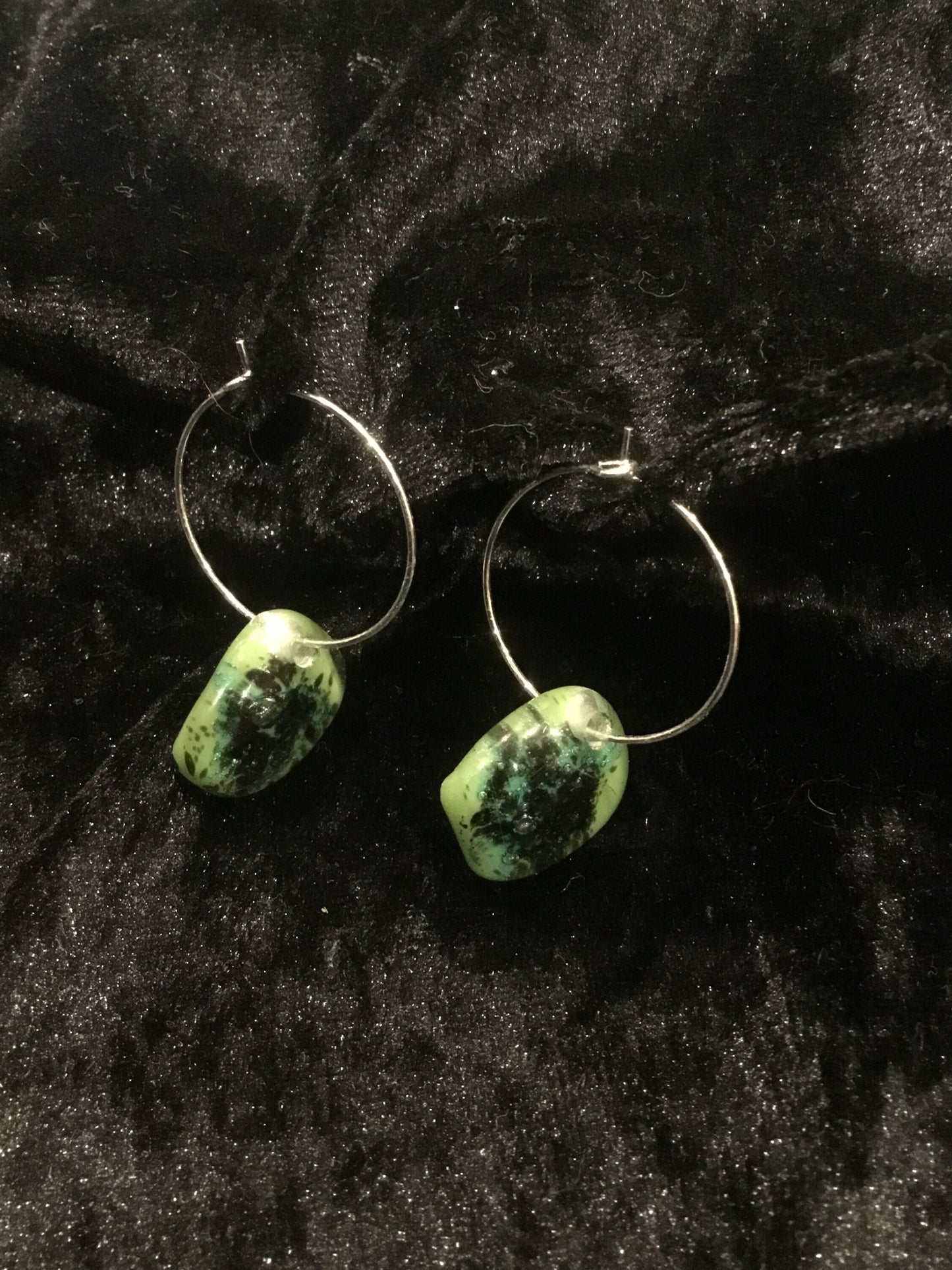 Fused green & dark green glass oblong earrings