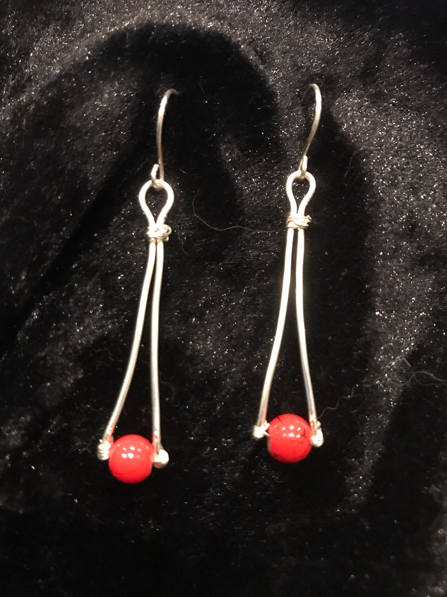 Silver & red bead & wire earrings