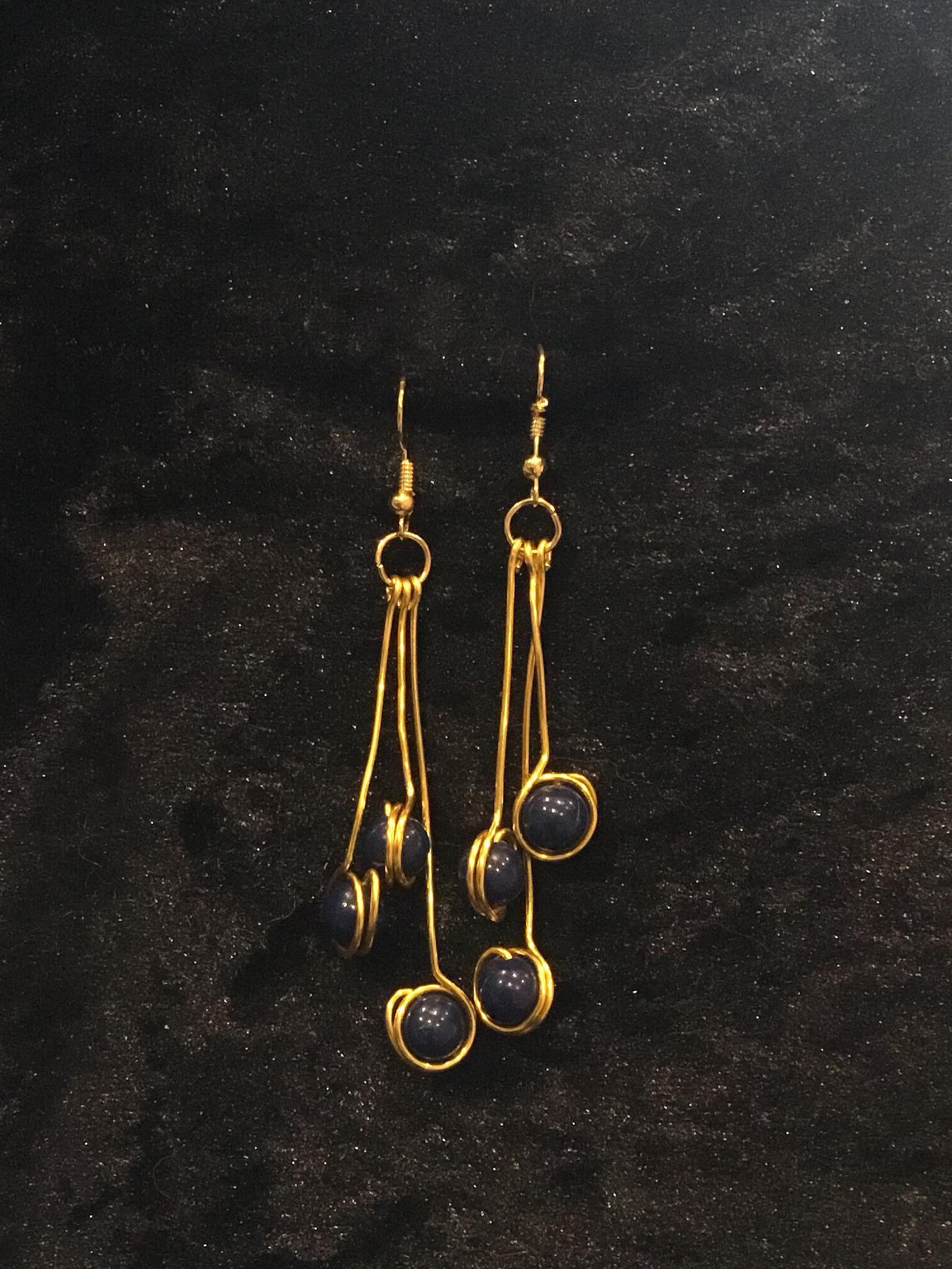 Wire & 3 blue bead earrings on gold wire