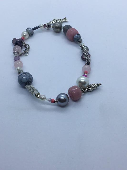 Wire with pink & grey bead bracelet