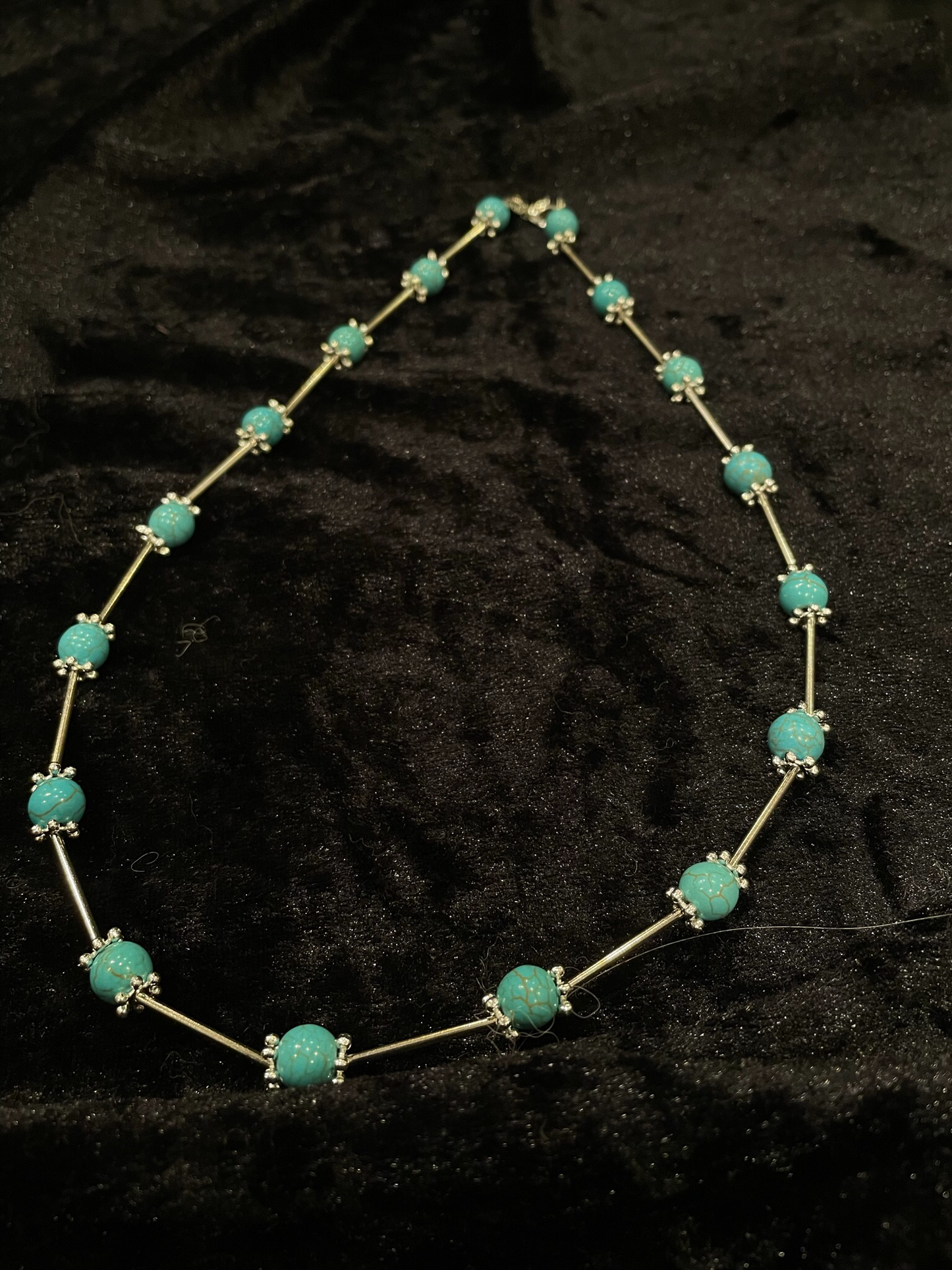 Wire & turquoise bead necklace with silver rod spacers