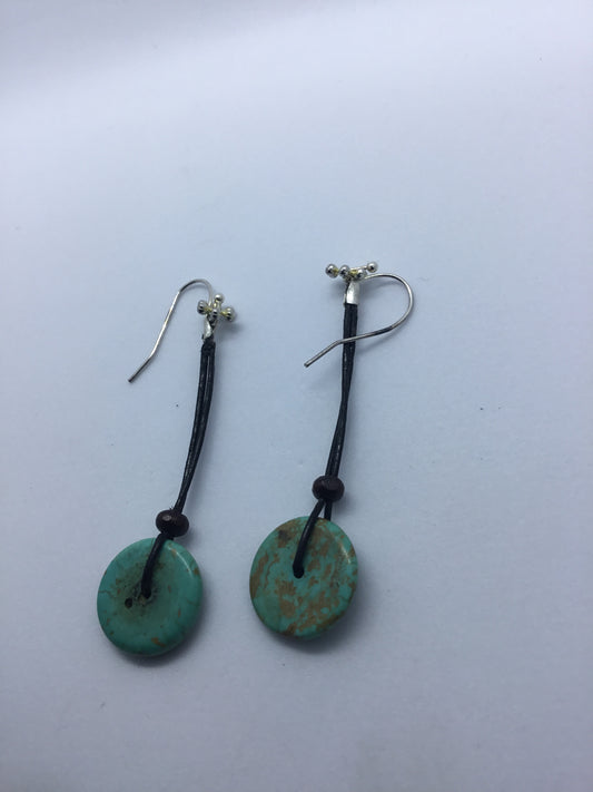 Turquoise bead on black leather cord earrings
