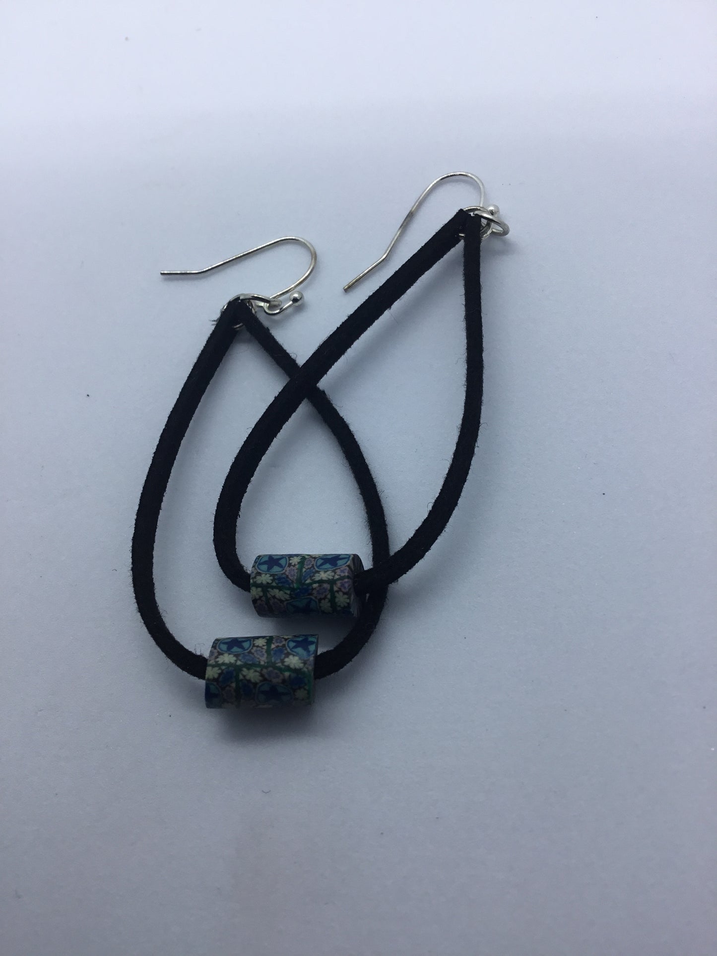 Blue bead on black leather cord earrings
